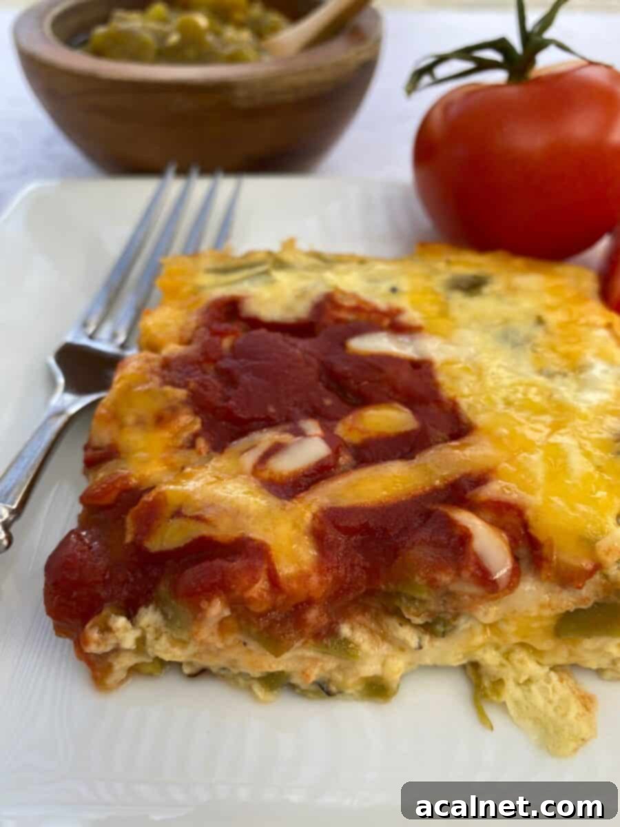 Fiesta Green Chile Egg Casserole 10 A serving of the green chili egg casserole on a plate, garnished with tomatoes, and a small bowl of salsa.