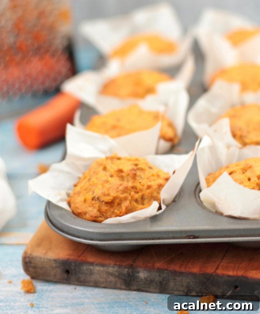 A close-up of a single perfectly baked vegan carrot muffin, still in its paper cup within the muffin pan. Its soft, golden top and slightly domed shape are visible.