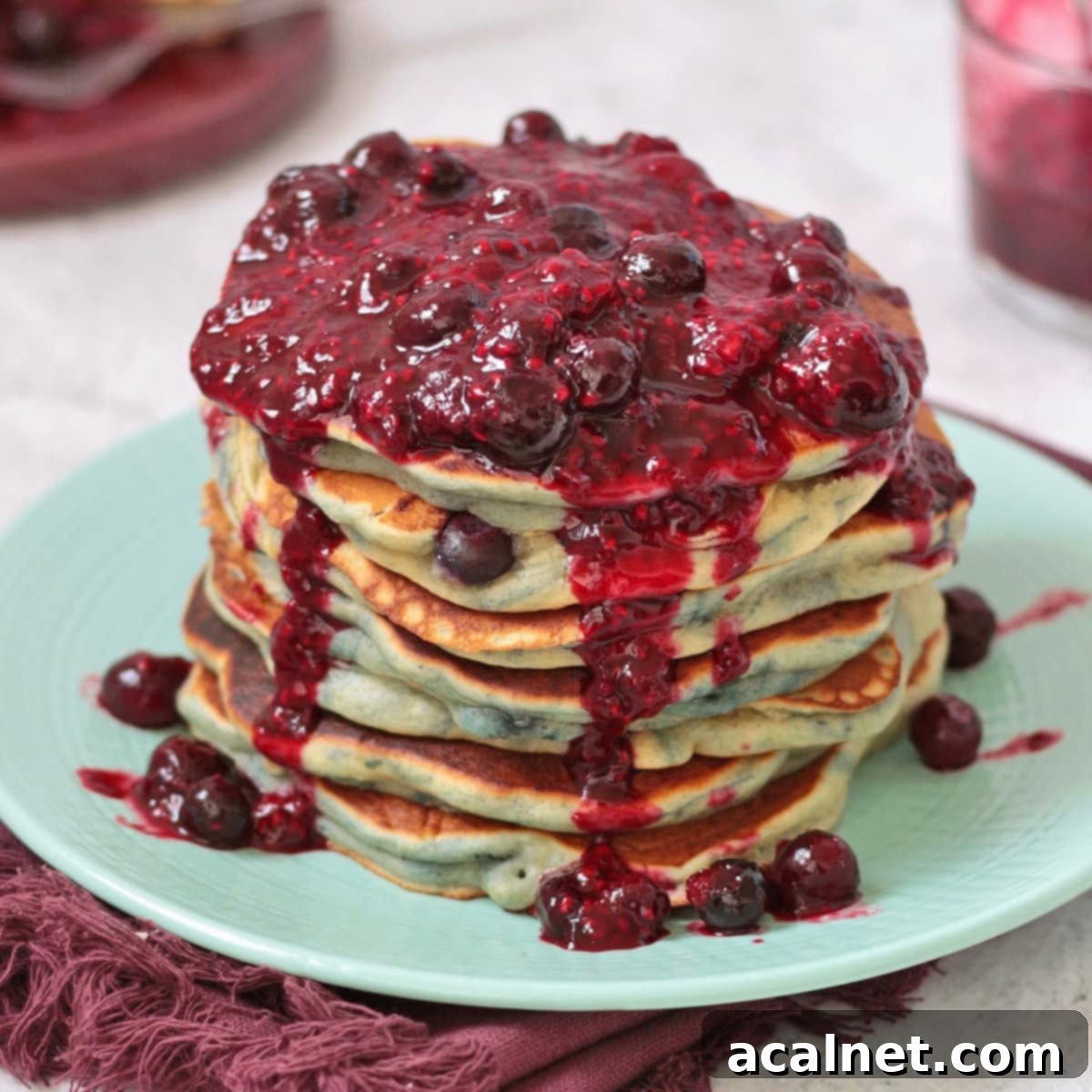 A tall stack of fluffy American blueberry pancakes topped with blueberry compote and a dusting of powdered sugar, served on a vibrant green plate.