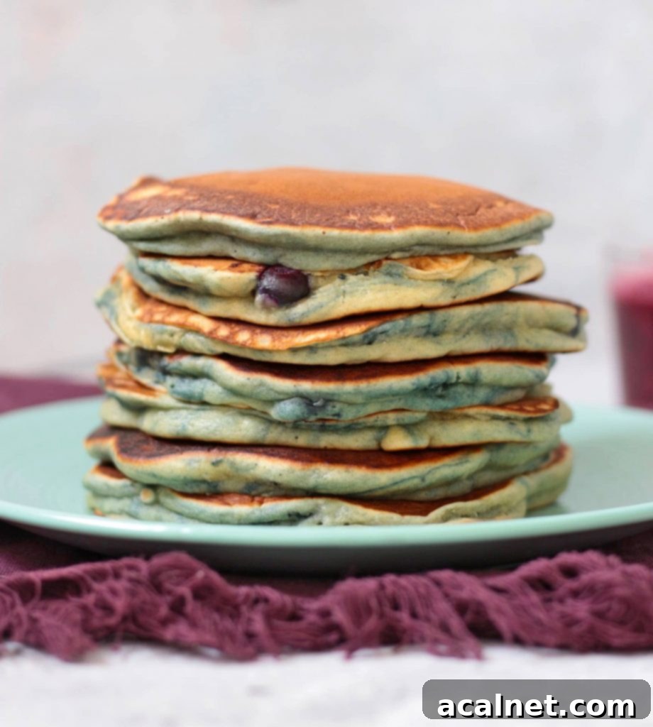 A close-up shot of a stack of golden blueberry pancakes, showing the plump blueberries embedded within, ready to be served.