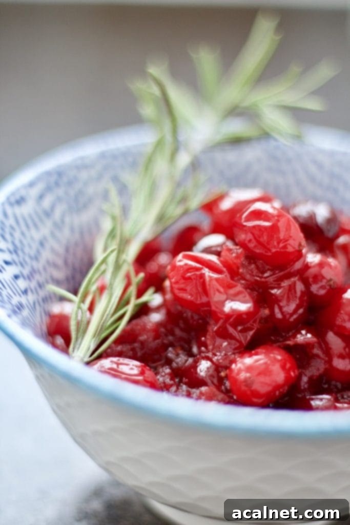 Ultimate Sweet Pancake Topping Guide 8 Close-up of cranberry compote with rosemary garnish in a white bowl.