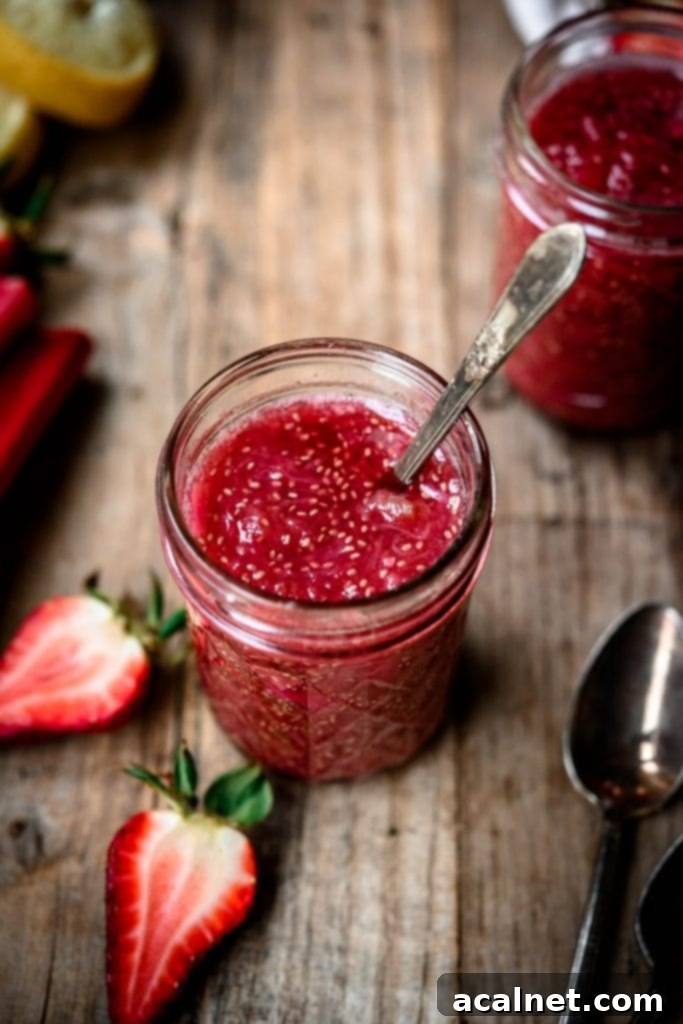 Ultimate Sweet Pancake Topping Guide 10 Rhubarb vanilla chia compote in a bowl, showing its thick texture and vibrant color.