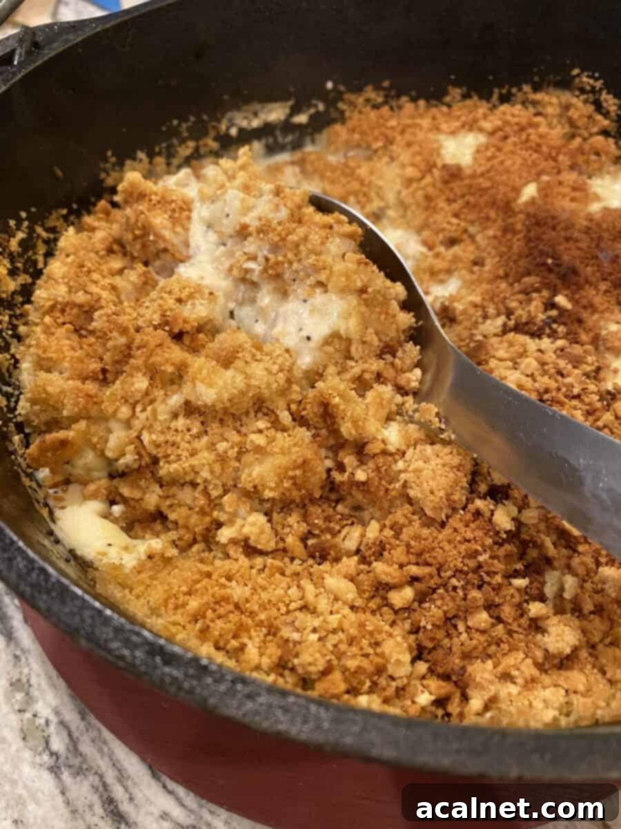 Cooked chicken casserole in a large Dutch Oven pot with a spoon.