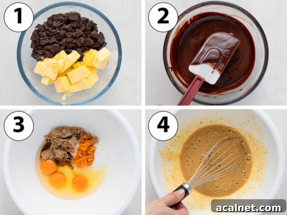 Process Shot Collage: melting the butter and chocolate and mixing the wet ingredients in a bowl.