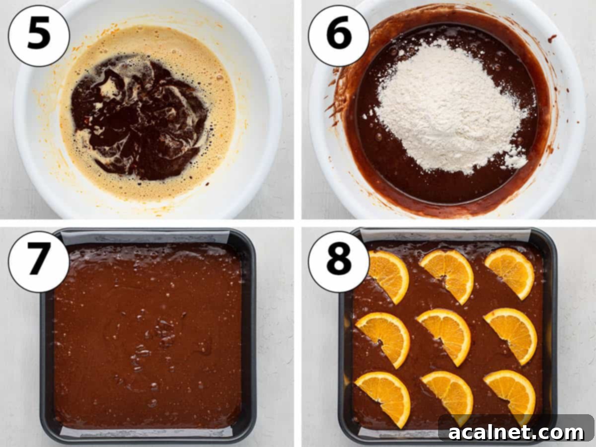 Process Shot Collage: combining the two wet batter, adding the dry ingredients, adding to a baking pan and topping with sliced oranges.