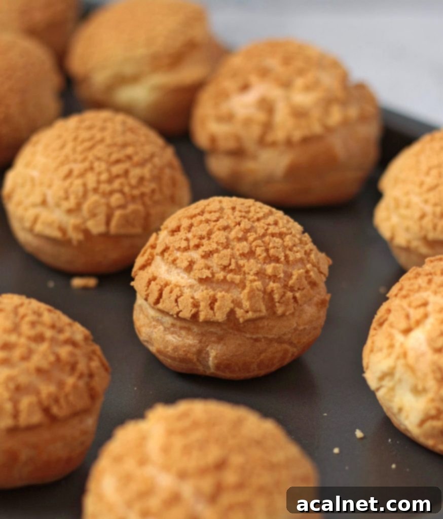 Freshly piped choux buns, some with craquelin topping, on a baking tray ready for baking.