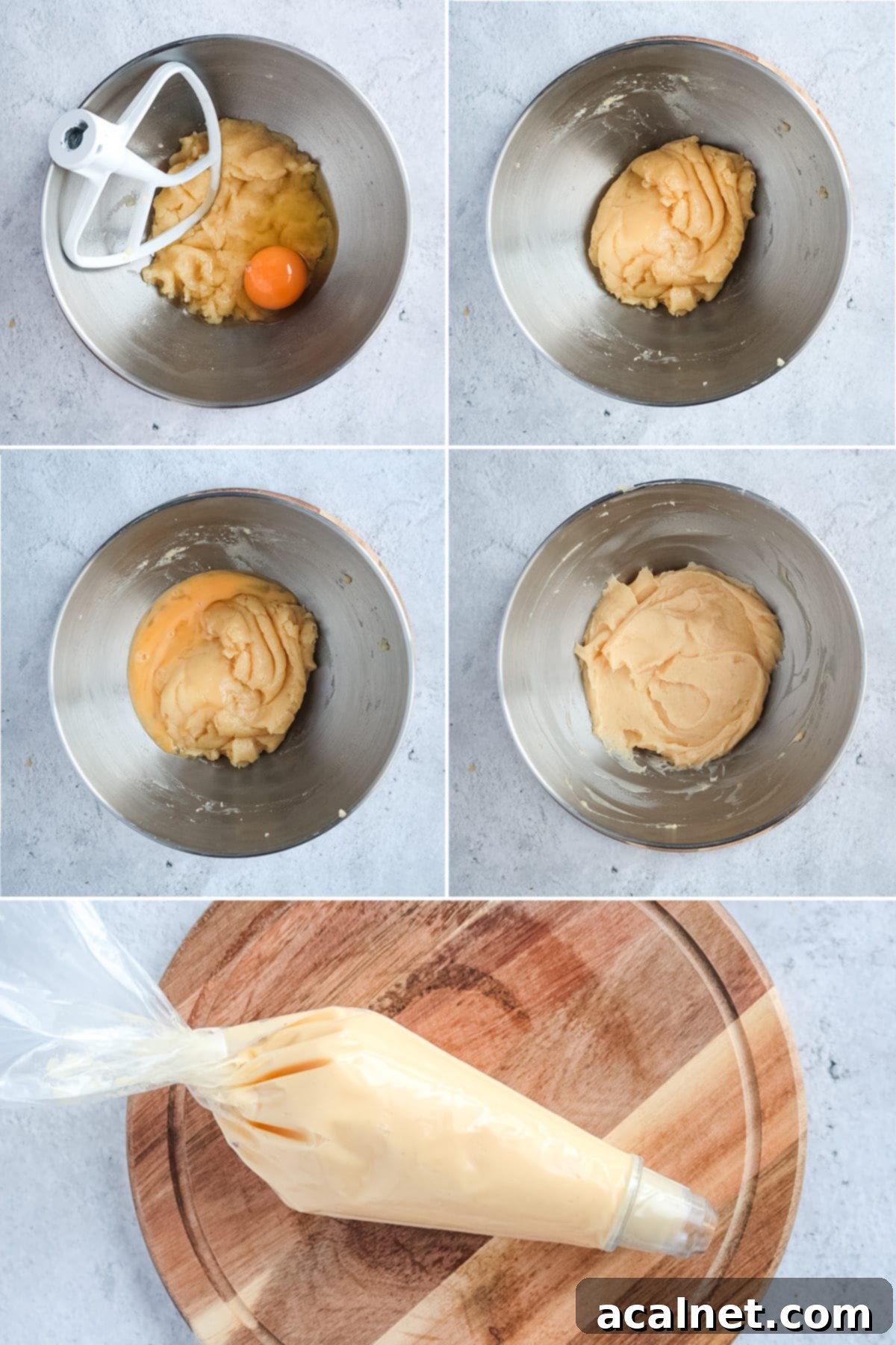 Collage demonstrating the step-by-step process of adding eggs to the choux pastry batter until it reaches the correct consistency.