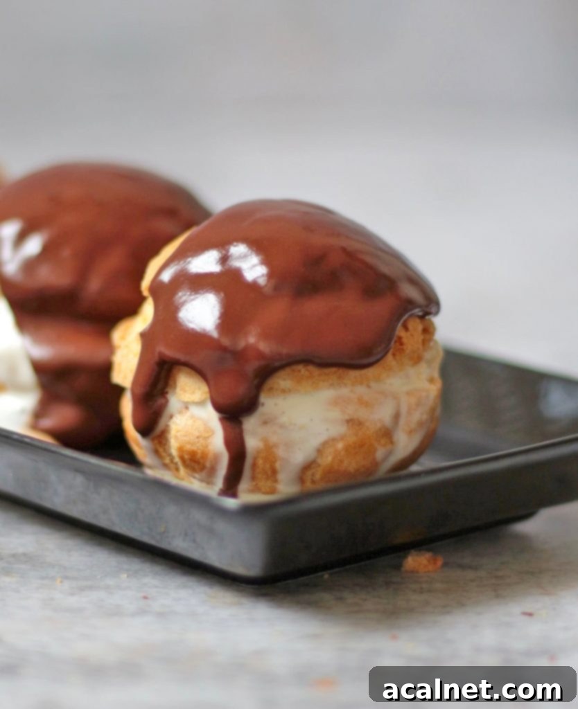 A single, beautifully crafted profiterole with vanilla ice cream and warm chocolate sauce, presented on a black plate.
