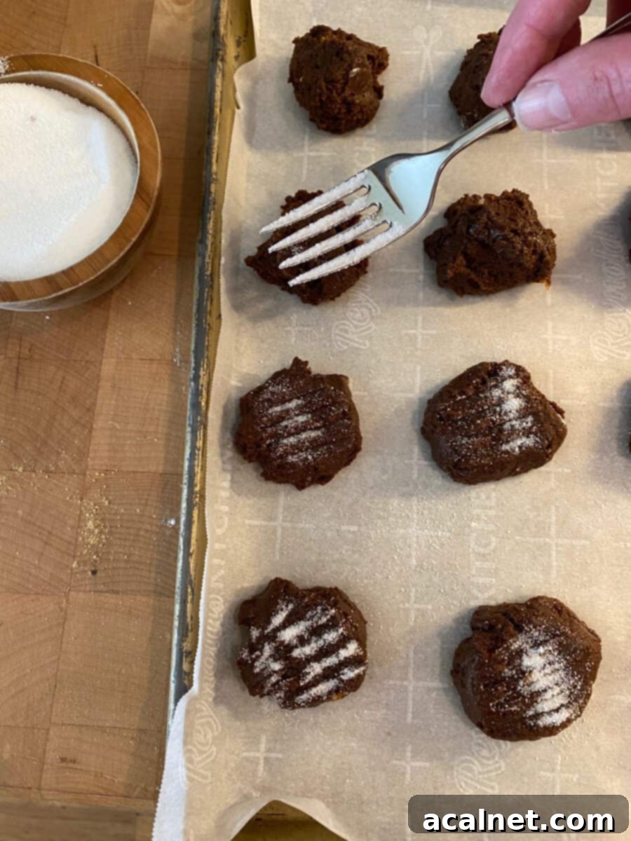 A fork, dusted with sugar, poised above a baking pan filled with unbaked molasses snaps, demonstrating the flattening technique.