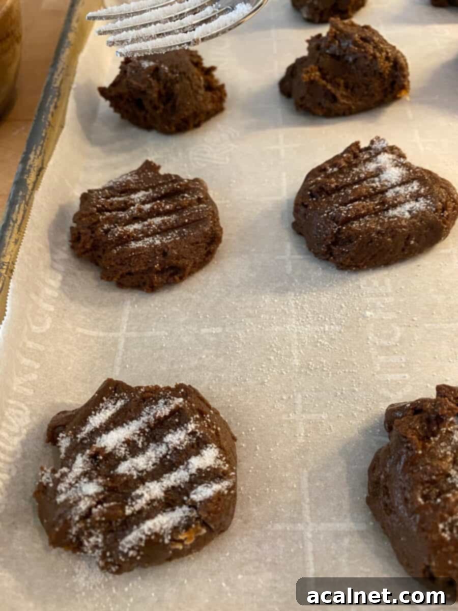 Rows of unbaked molasses snaps on a baking pan, each lightly sprinkled with sugar on top, ready for the oven.