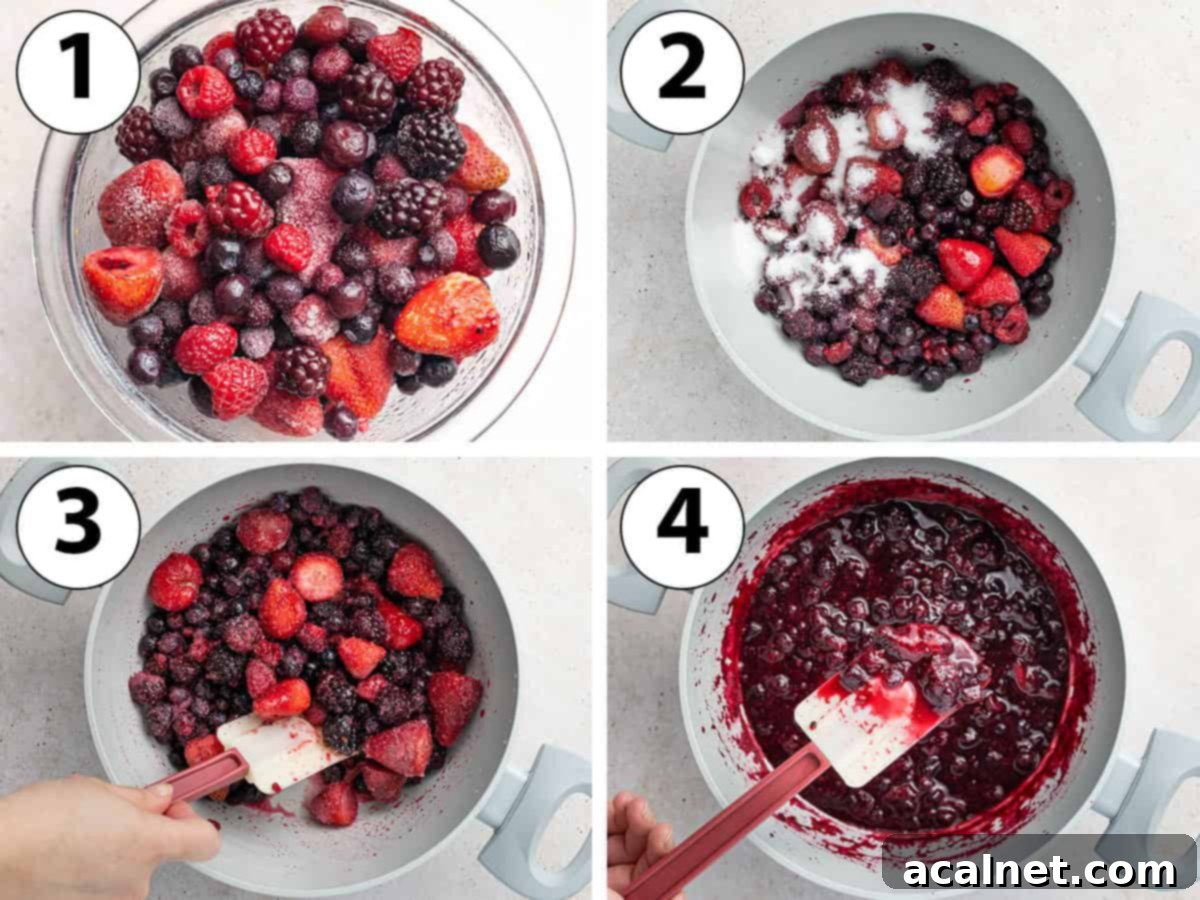 Process shot collage showing the cooking of the fruits in a saucepan until soft.