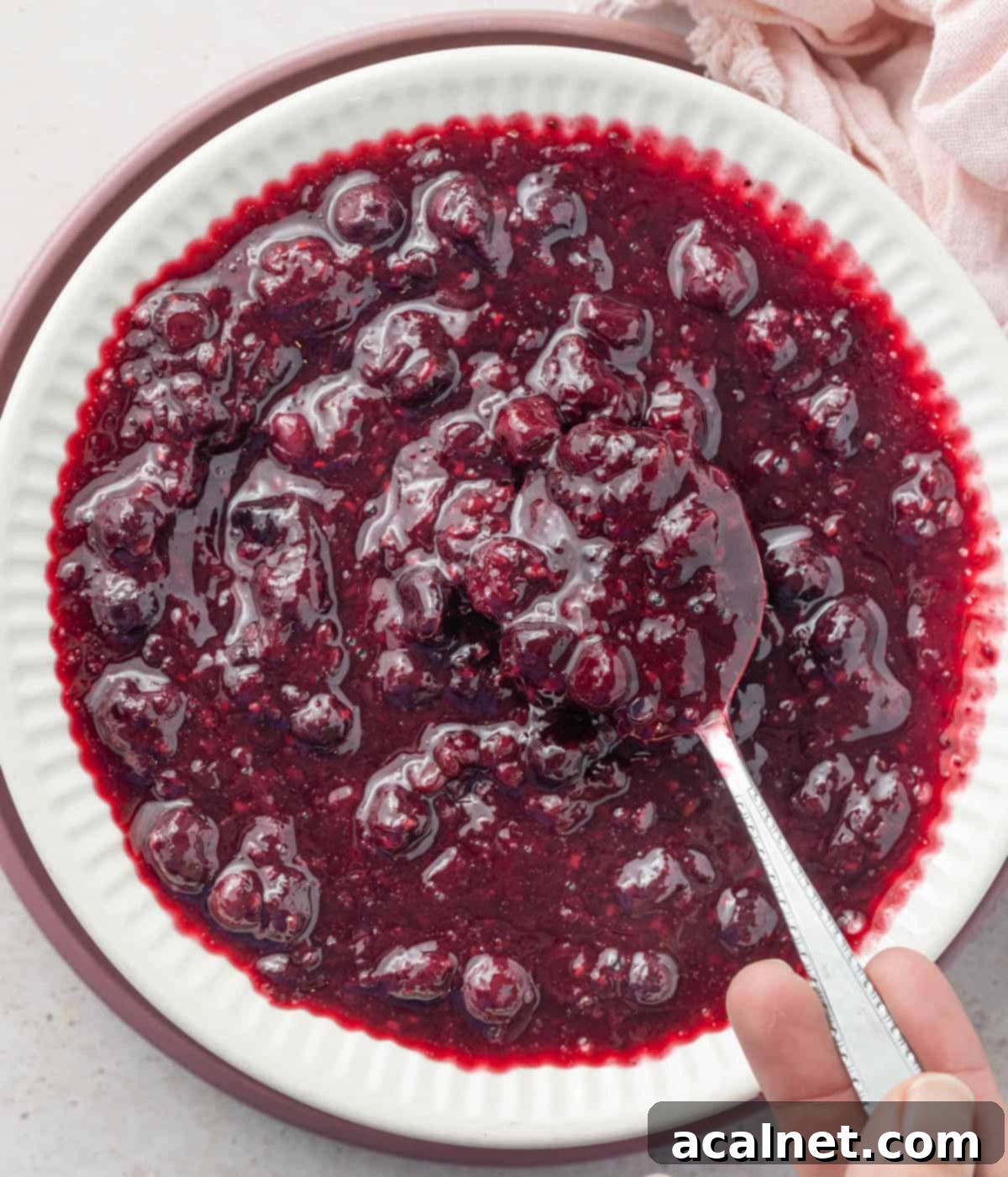 Compote in a white bowl seen from above.
