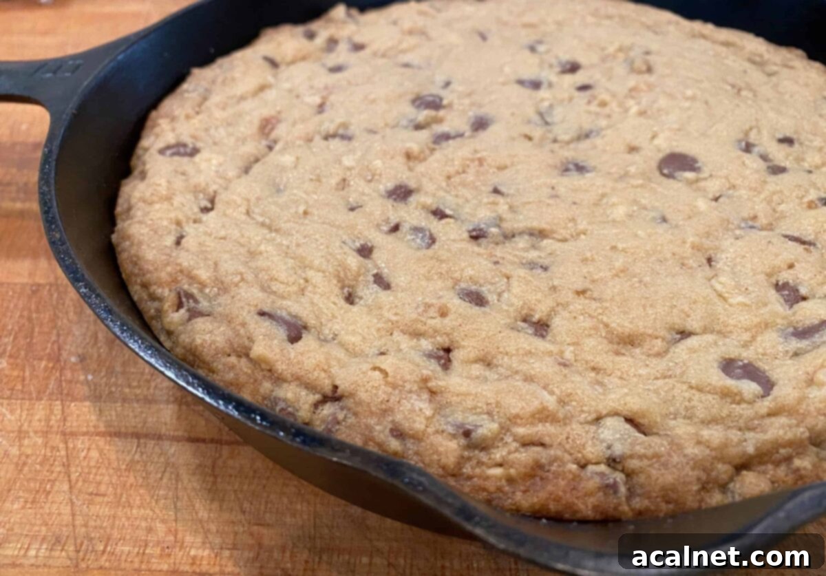 A freshly baked chocolate chip cookie bar in a cast iron skillet, golden brown and still warm from the oven.