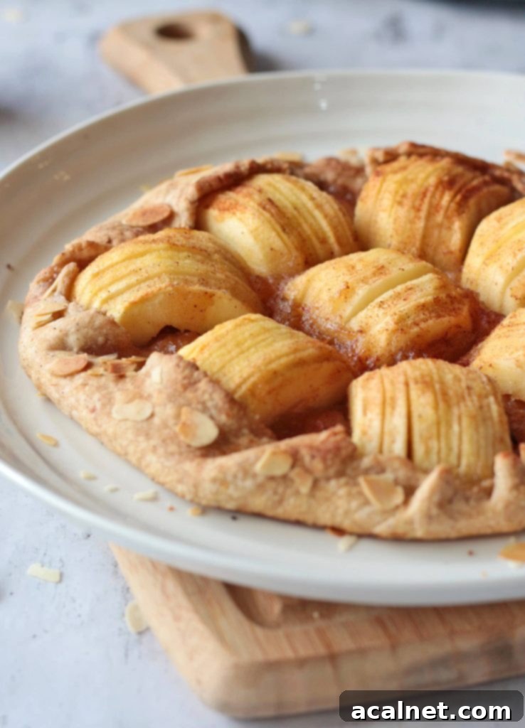 Close up shot of a slice of apple galette on a white plate, beautifully showing the layers of tender apple slices and flaky cinnamon pastry.