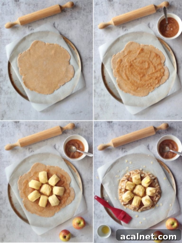 Step-by-step photos illustrating the assembly of an apple galette, from spreading applesauce to folding the rustic crust.