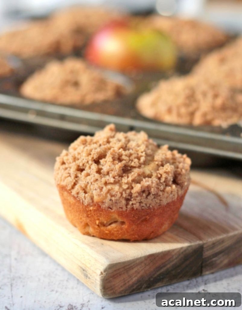Heavenly Apple Cinnamon Streusel Muffins 3 A freshly baked apple coffee cake muffin on a rustic cutting board, showcasing its golden-brown top and moist interior.