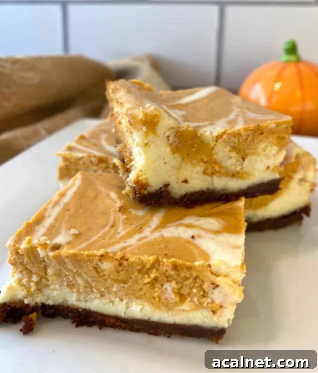 Spiced Pumpkin Swirl Cheesecake Bars 2 Three perfectly baked marbled pumpkin cheesecake bars stacked on a white plate, showcasing the distinct layers and swirled top.