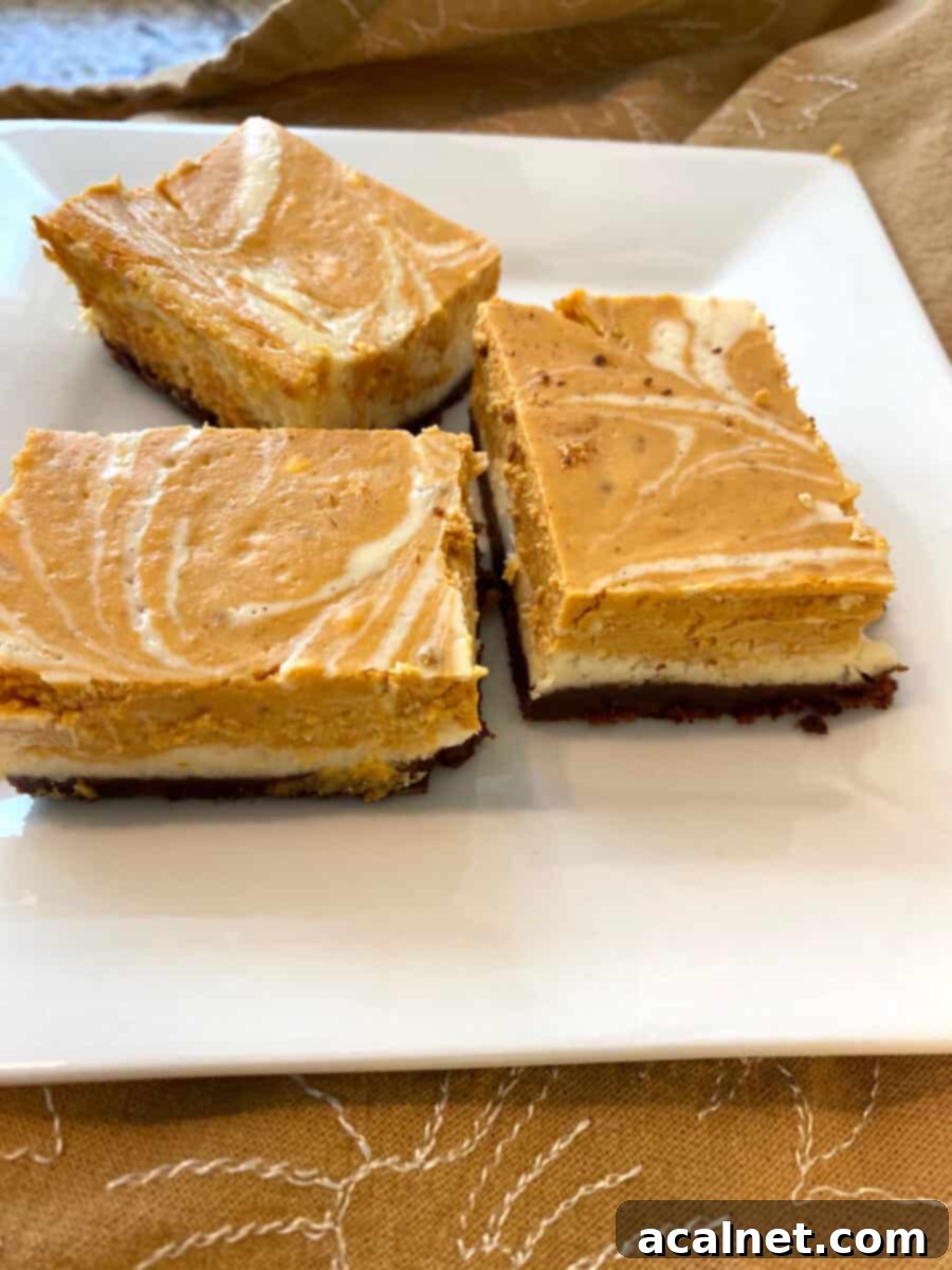 Spiced Pumpkin Swirl Cheesecake Bars 12 A single perfectly cut pumpkin cheesecake bar presented on a white plate, highlighting its neat edges and enticing layers.