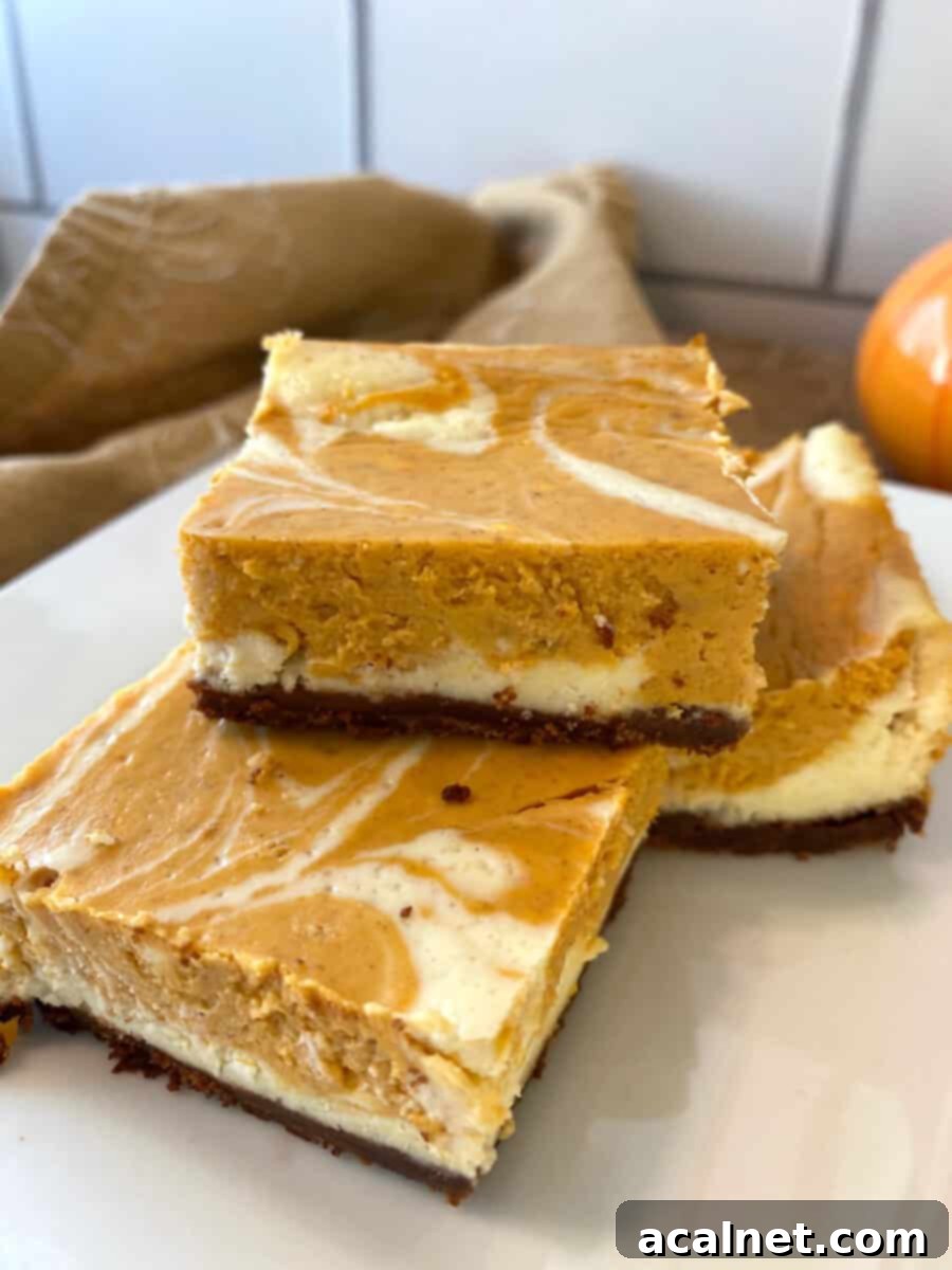 Spiced Pumpkin Swirl Cheesecake Bars 4 A stack of three glistening pumpkin cheesecake bars on a white plate, showcasing the beautiful marbling and chocolate crust.