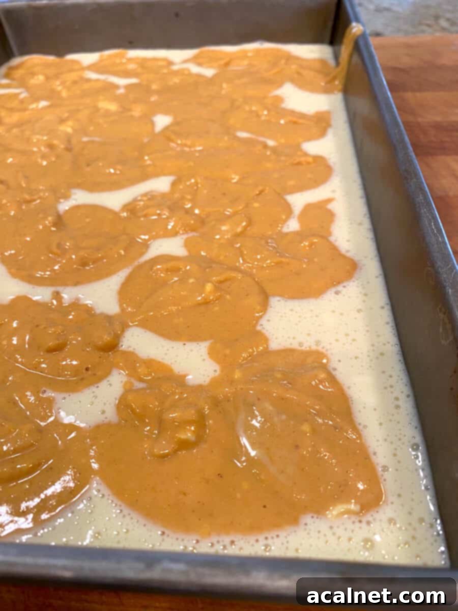 Spiced Pumpkin Swirl Cheesecake Bars 9 Uncooked marbled pumpkin and vanilla cheesecake batter spread over a chocolate crust in a baking pan, showing the distinct swirls.