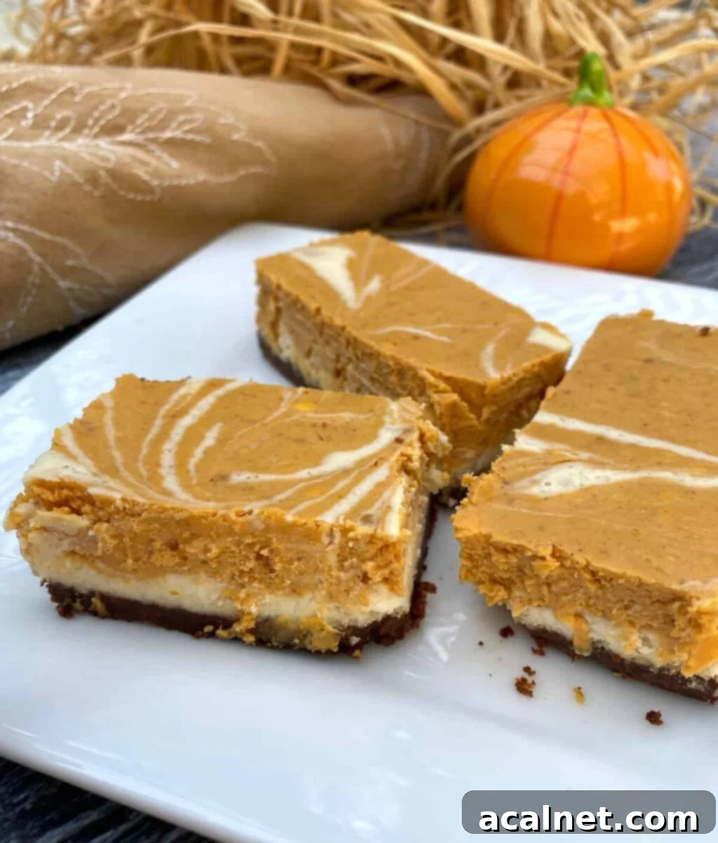 Spiced Pumpkin Swirl Cheesecake Bars 10 Three golden-brown pumpkin cheesecake bars on a decorative plate, set against a backdrop of straw and a miniature pumpkin ornament, emphasizing a warm autumn theme.
