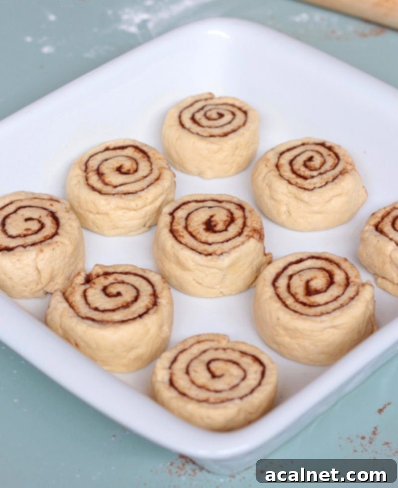 Unbaked no-yeast cinnamon rolls arranged in a white ceramic dish, showing their spiral shape and readiness for the oven.