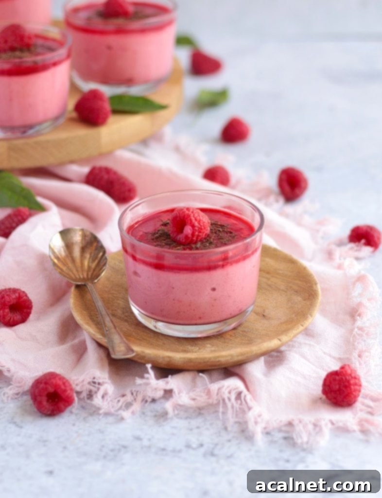 Luscious Raspberry Mousse 3 One raspberry mousse cup placed over a small wooden plate with a spoon, highlighting its light texture.
