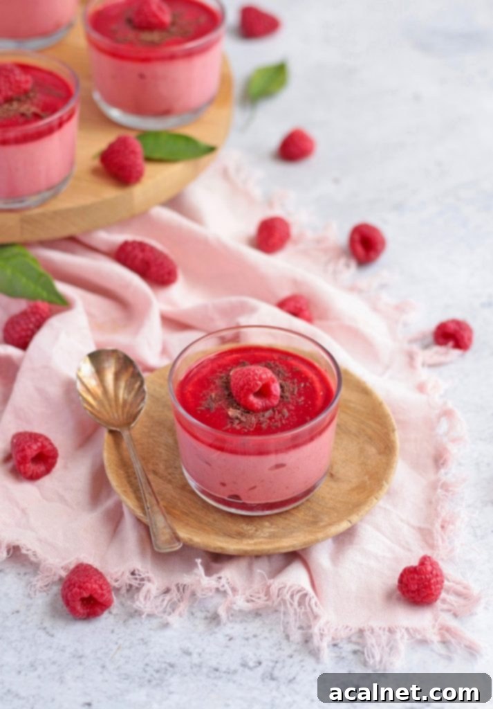 Luscious Raspberry Mousse 6 Dessert topped with Chocolate Shavings and a fresh Raspberry on a wooden plate over a pink napkin, making it ideal for a romantic occasion.