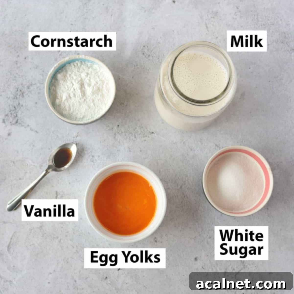 Ingredients for Crème Pâtissière (Pastry Cream) carefully arranged on a grey surface.