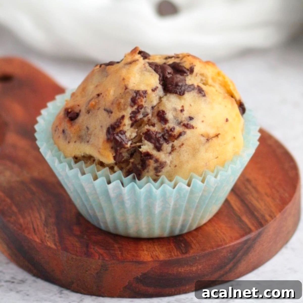 One Chocolate Chip Banana Muffin on a rustic wooden board, perfectly golden-brown with visible chocolate chips.