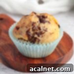 Close up on one Sugar-Free Chocolate Chip Banana Muffin on a wooden board, ready to be enjoyed.