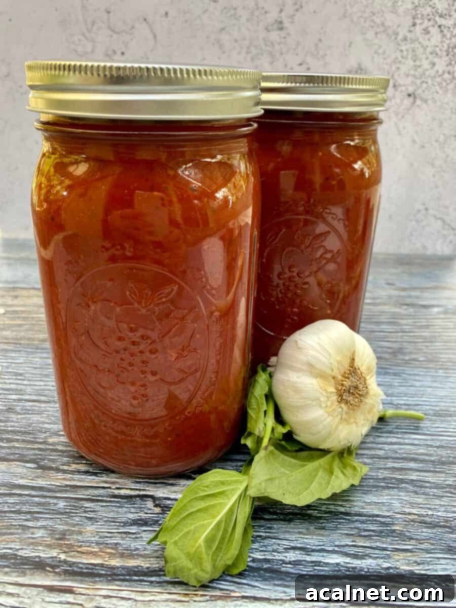 Two jars of spaghetti sauce next to a clove of garlic and fresh basil leaves