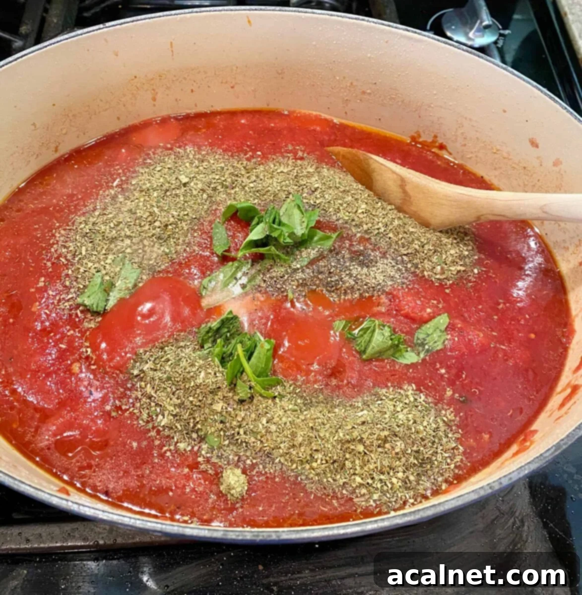 Spaghetti sauce, spices and fresh basil simmering in a pot on the stove
