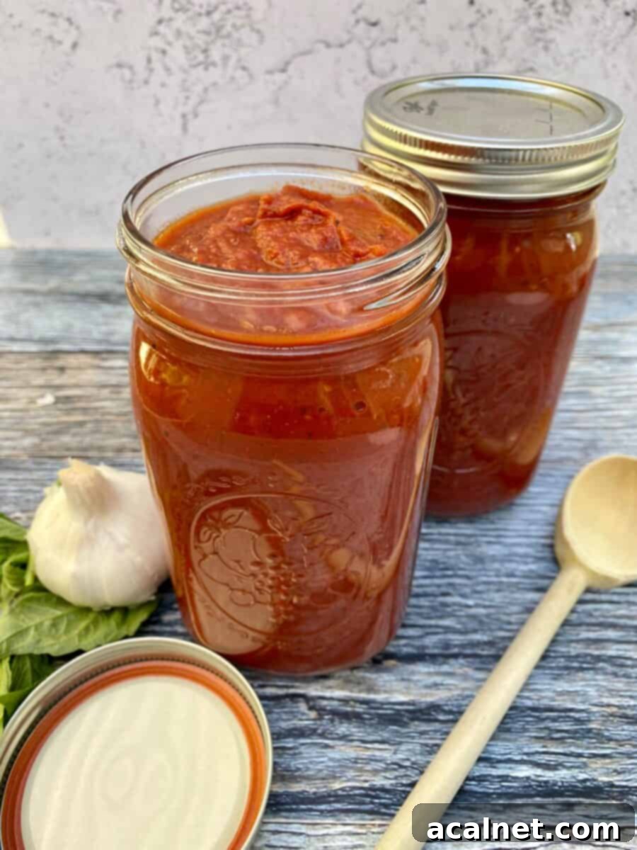 Sunday gravy in jars with a lid and a wooden spoon on the side next to a bulb of garlic and fresh basil