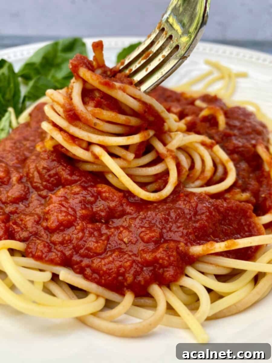 A plate with spaghetti and sauce on top with a fork scooping up some pasta to create a serving