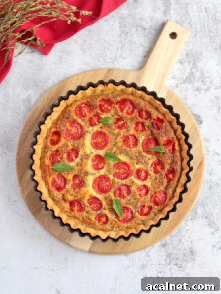 Flat-Lay of the Cheese Quiche with Cherry Tomatoes