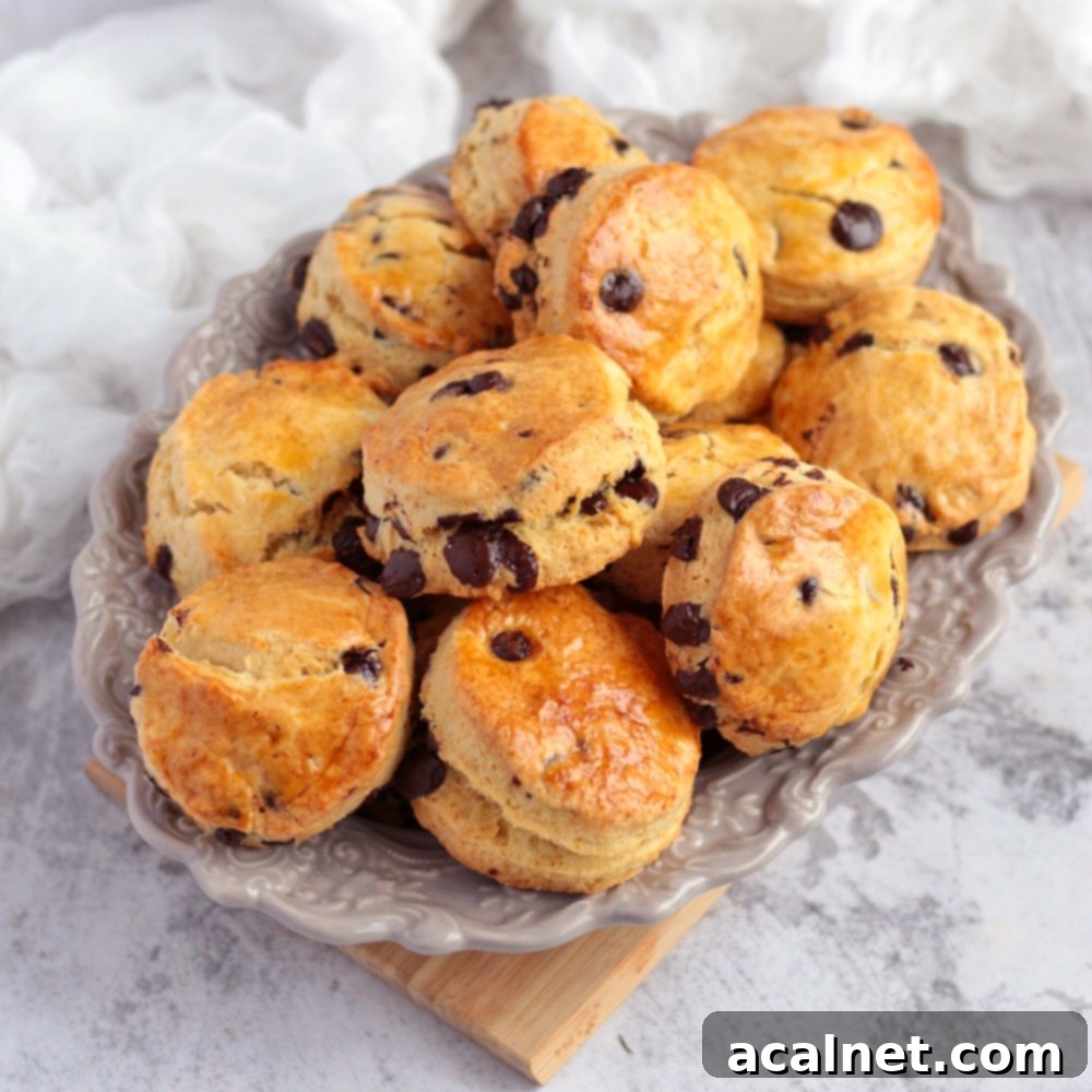 Freshly baked chocolate chip scones with a dark chocolate drizzle on a grey serving plate, ready to be enjoyed.