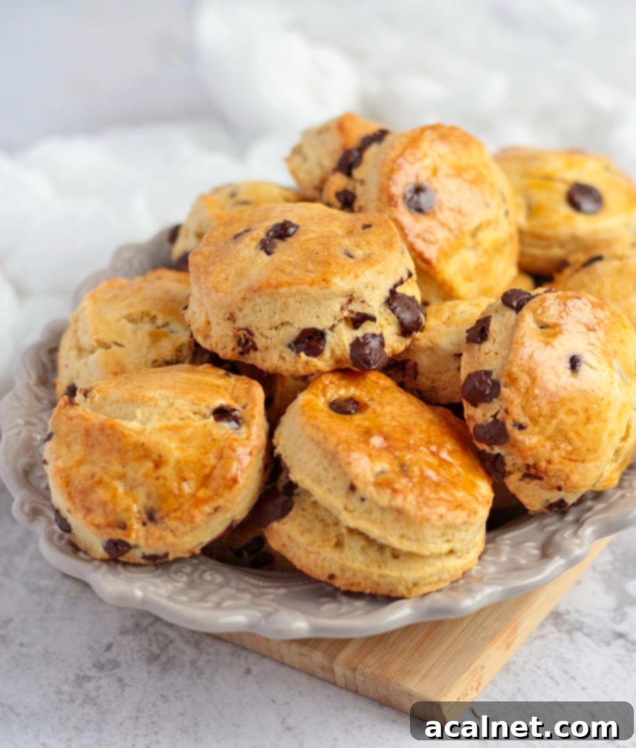 A stack of chocolate chip scones drizzled with dark chocolate ganache, presented on a grey serving plate from an angle.