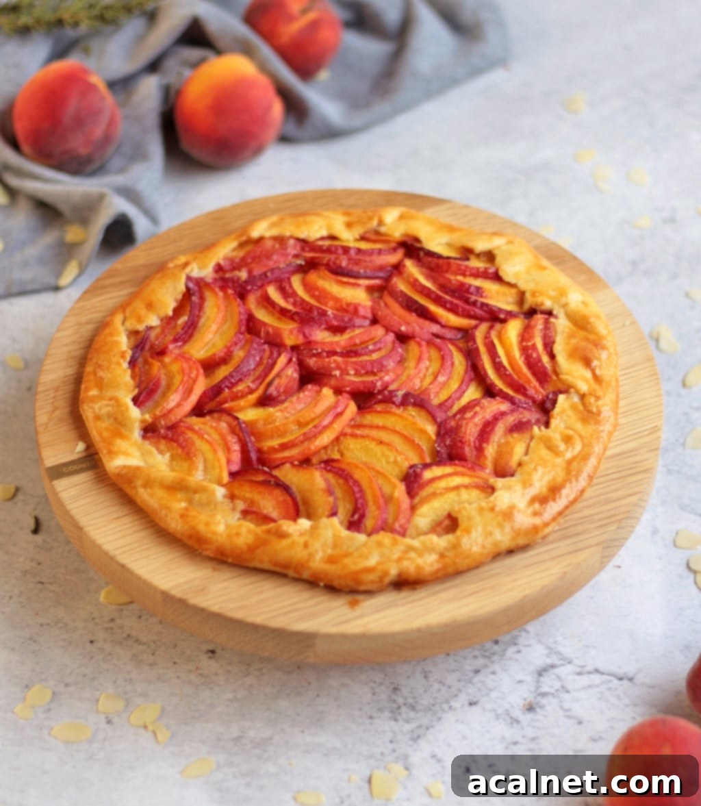 Full Almond Peach Galette on a wooden cake stand, showing the golden crust and caramelized peaches.