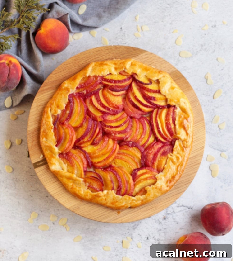Almond Peach Galette from above on a wooden cake stand, showing a circular arrangement of peaches.