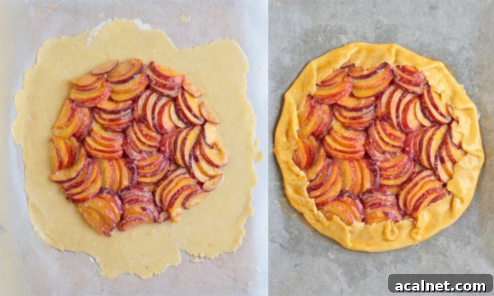 Process shots: folding the pastry over the fruits for the Peach Galette.