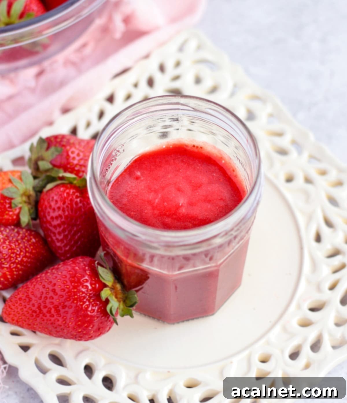 Strawberry Sauce in a jar from above.