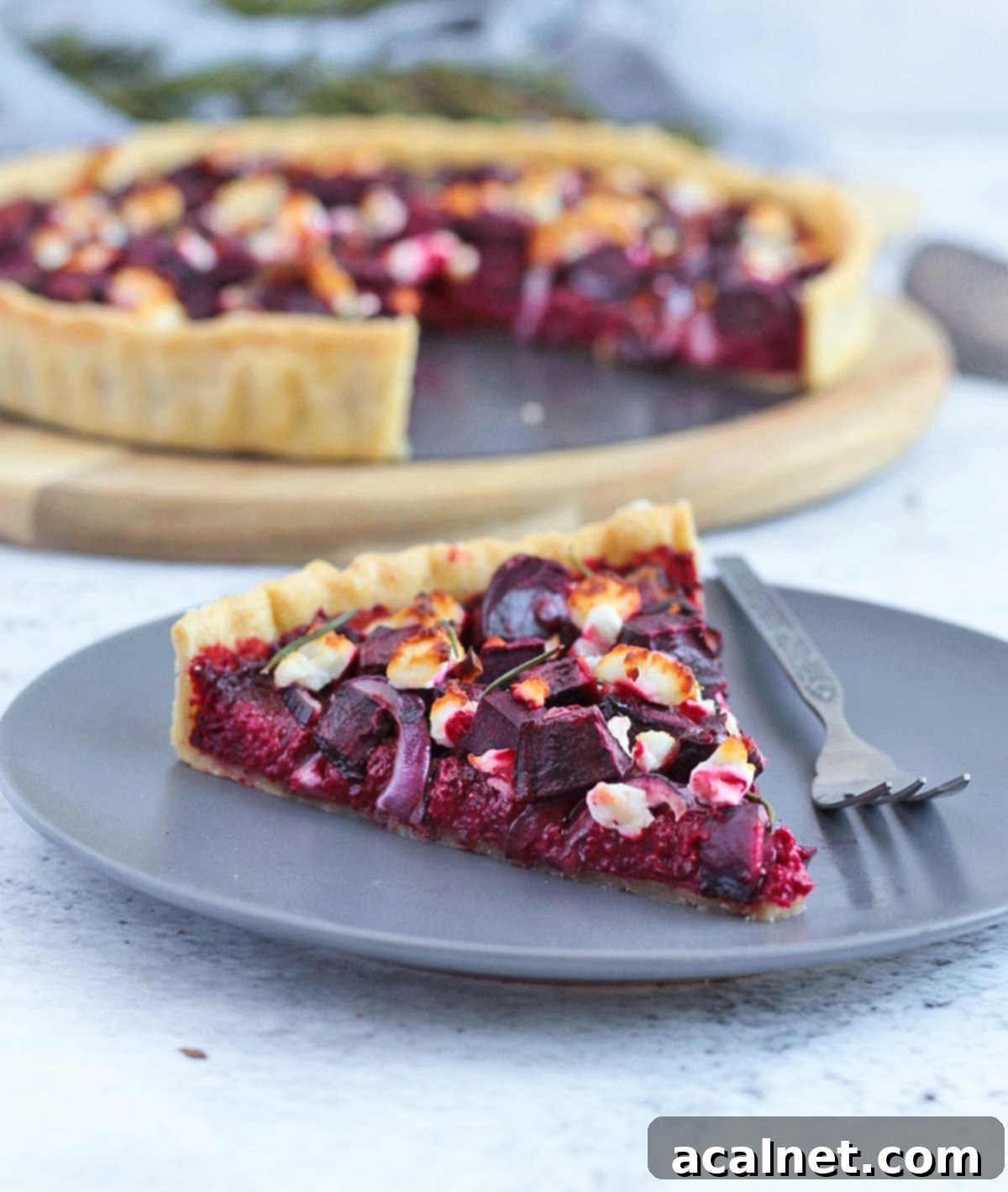 A perfectly baked slice of beetroot and goat cheese tart on a grey plate, ready to be enjoyed.