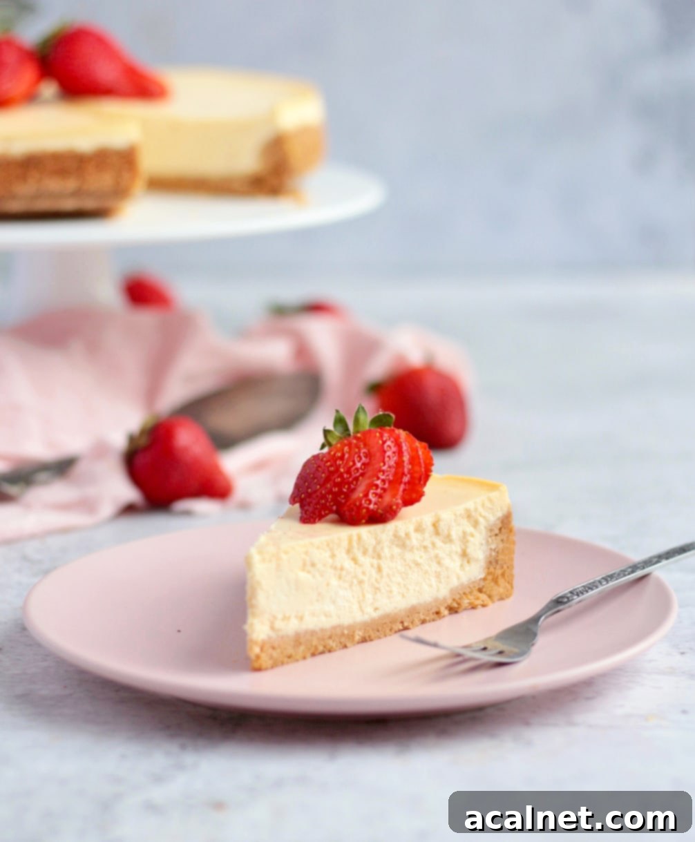 One slice of cheesecake topped with fresh strawberries on a pink plate