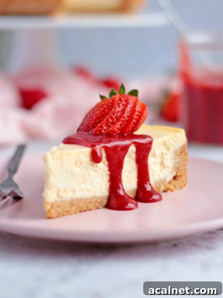 Slice of Cheesecake topped with Strawberry Sauce