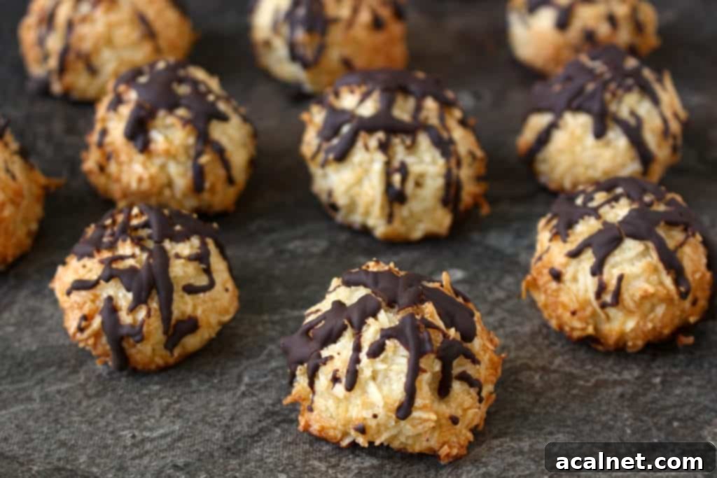 Decadent Chocolate Coconut Macaroons 5 Close up on a macaroon topped with chocolate drizzle.