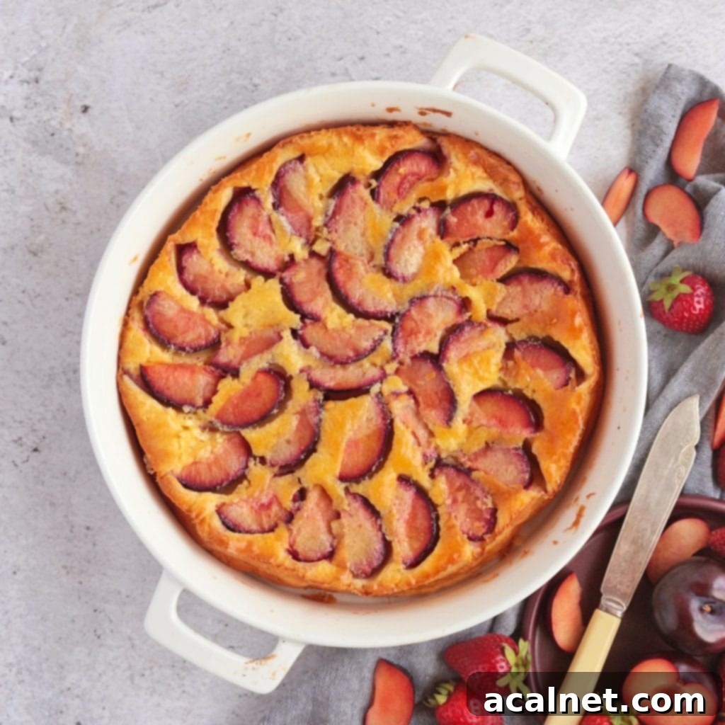 Simple Plum Clafoutis 2 Plum Clafoutis from above in a white ceramic dish, showcasing the beautiful golden crust and sliced plums.