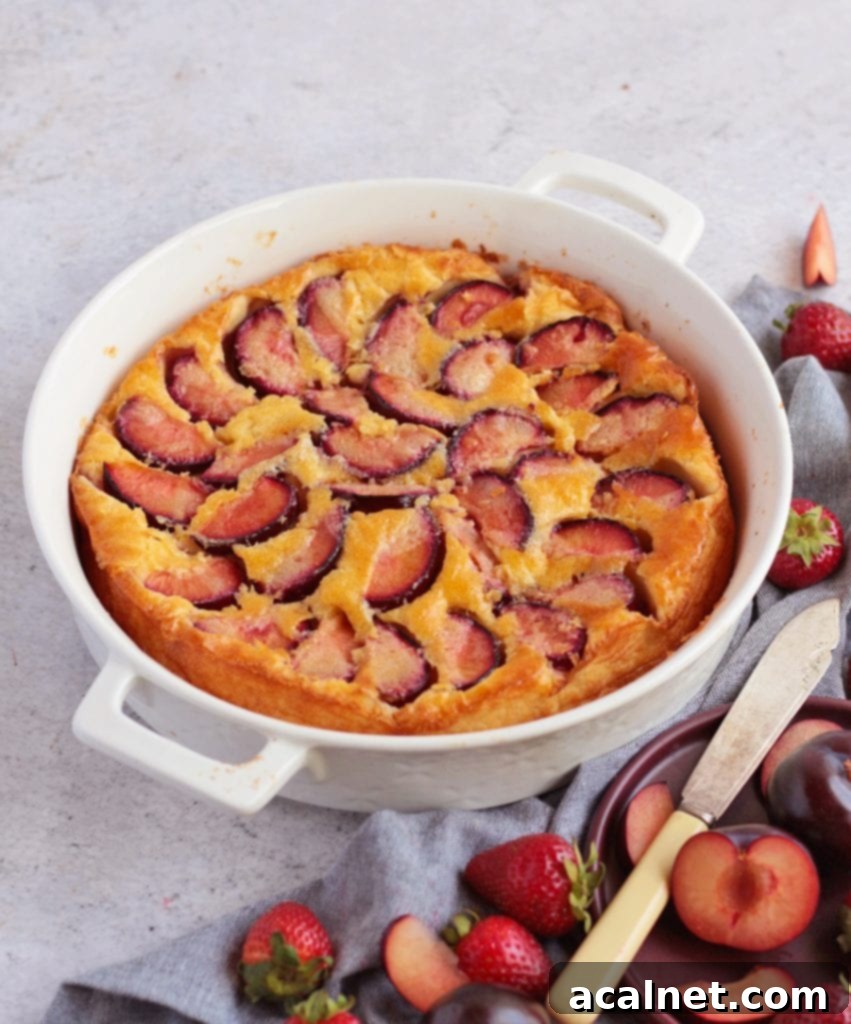 Simple Plum Clafoutis 6 Plum Clafoutis in the baking dish, garnished with fresh plums and strawberries, ready to serve.