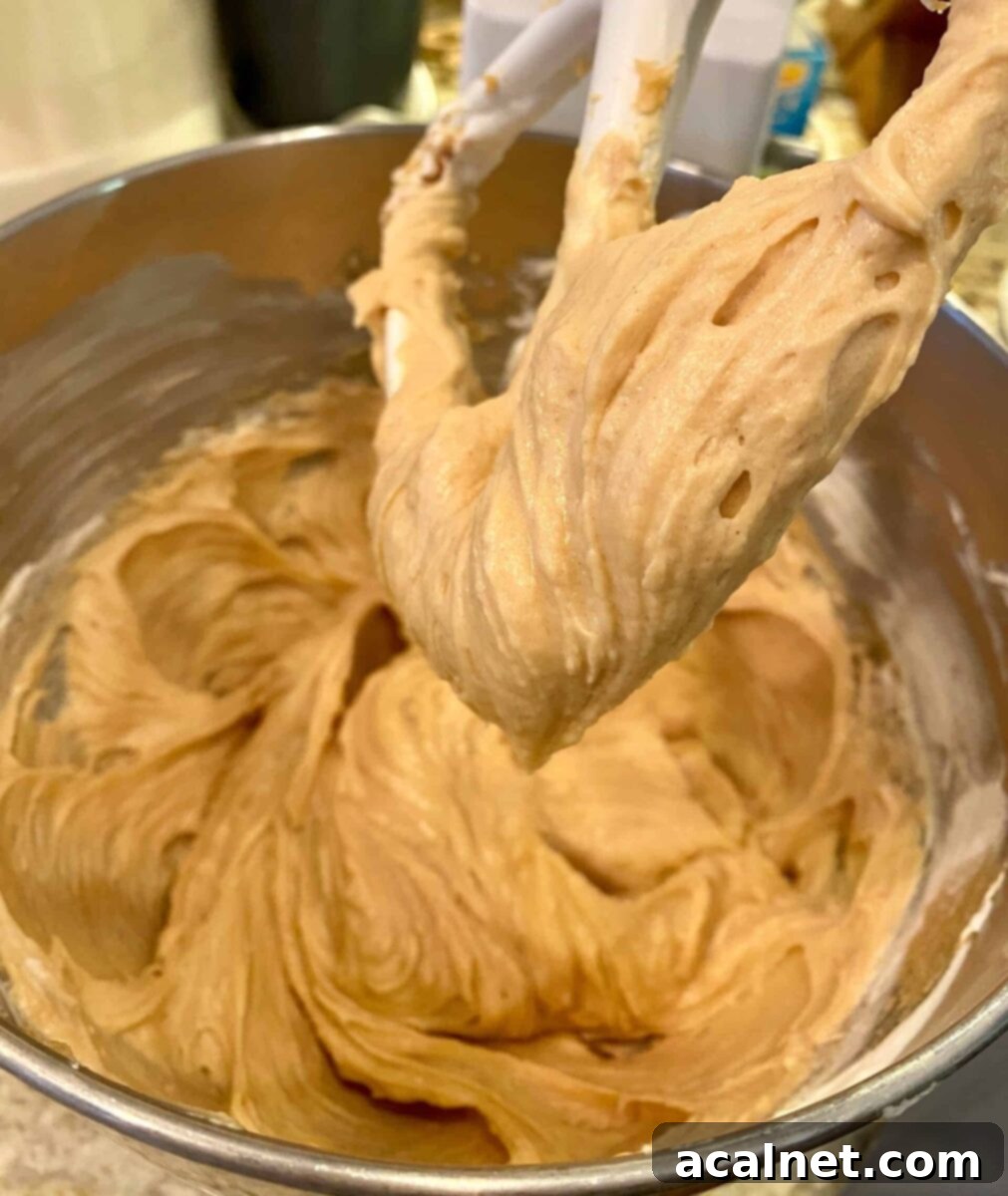 Cream cheese and peanut butter blended in a mixing bowl
