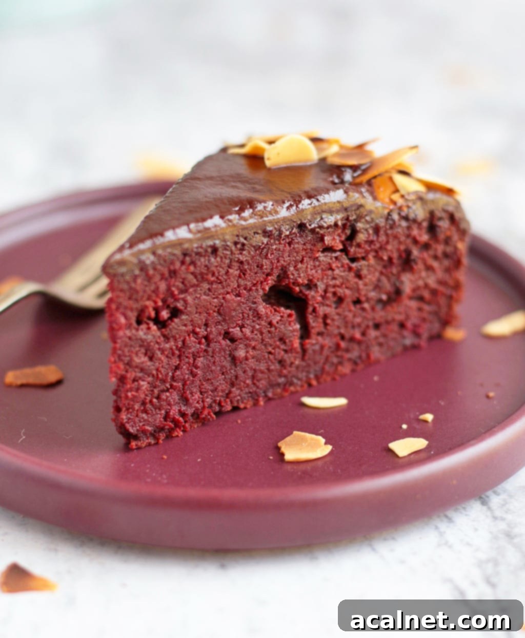 Close up on a slice of beetroot cake with chocolate ganache